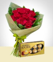 Tortas y Chocolates - Combo Tradición: 12 Rosas + Chocolates Ferrero Rocher