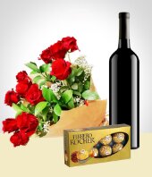 Rosas - Combo Elegancia: Bouquet de 12 Rosas + Vino + Chocolates