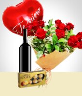 Globos y Peluches - Combo Inspiración: Bouquet de 12 Rosas + Globo + Vino + Chocolates
