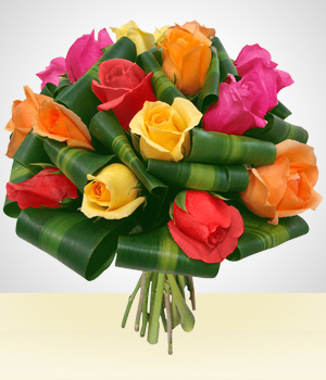 Flores a Colombia Bouquet Ensueo: 12 Rosas Multicolores