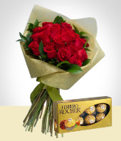 Flores - Deseos de Amor: Bouquet de 24 Rosas y Caja de Chocolates