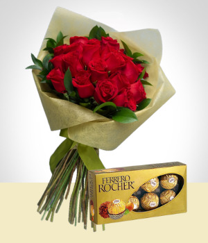 Flores a  Deseos de Amor: Bouquet de 24 Rosas y Caja de Chocolates